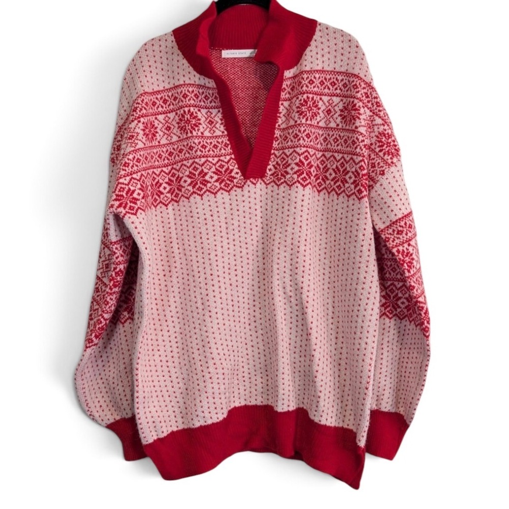 Altar'd State red white FairIsle sweater sz M v neck collared soft cozy NWT New